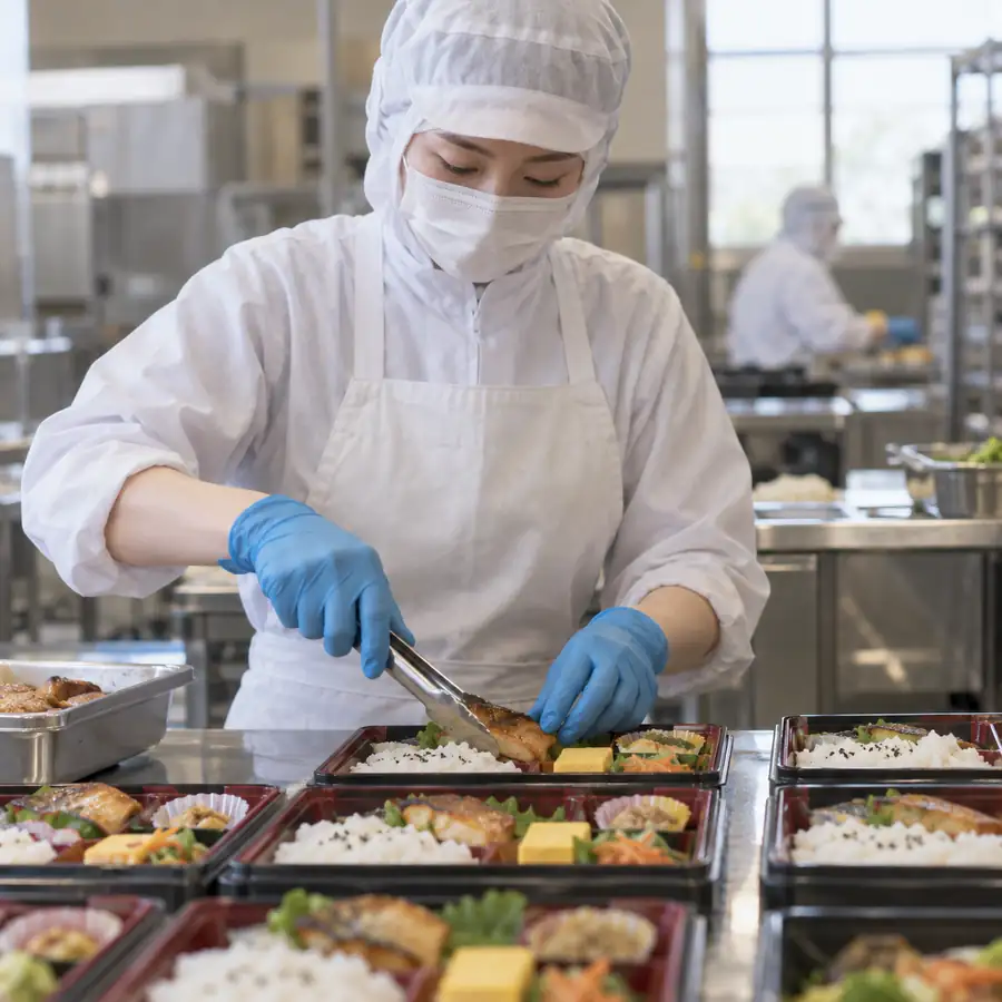 お弁当を詰める工場のスタッフ