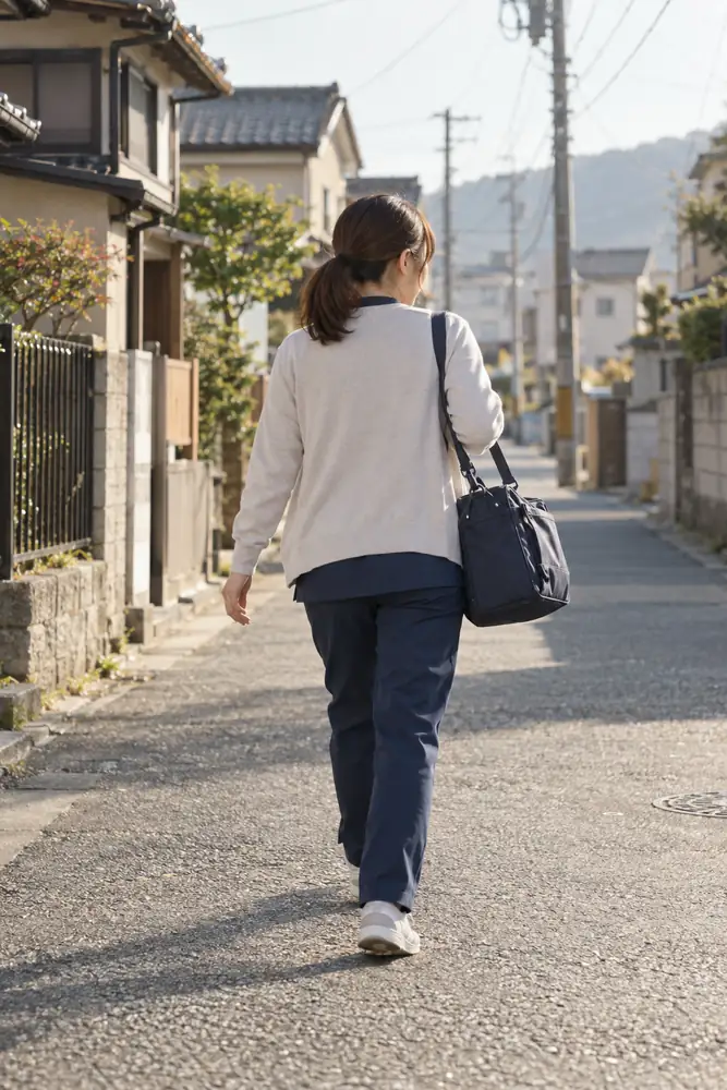住宅街を歩いて訪問に向かう看護師